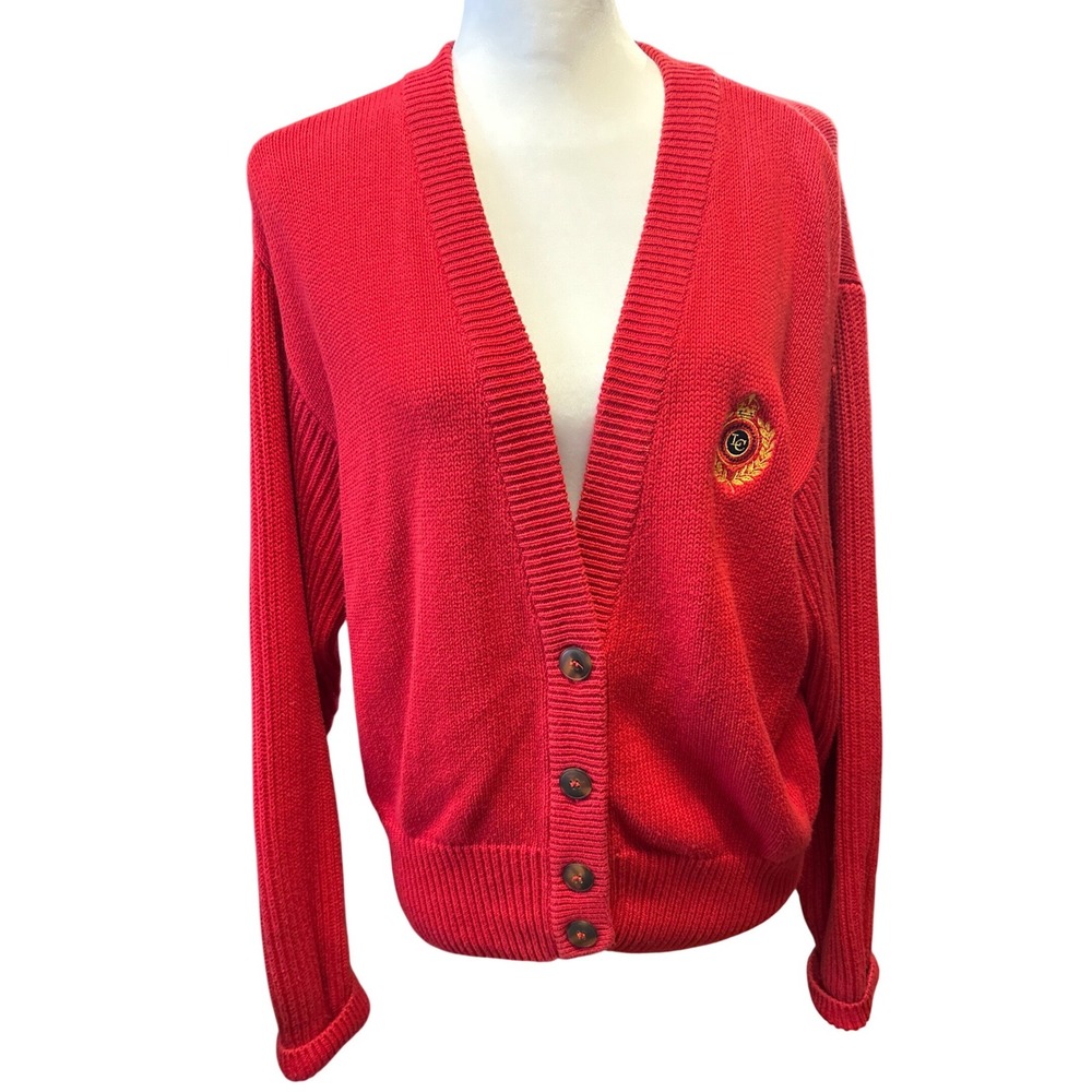 Lizsport Red Cotton Vintage Button Cardigan Sweater w/Crest Womens Size‎ M